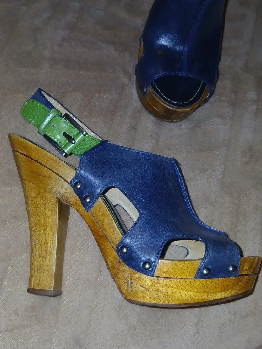 Frye Womens Dara Slingback Black And Green Leather Wooden Heels   Sz: 8.5